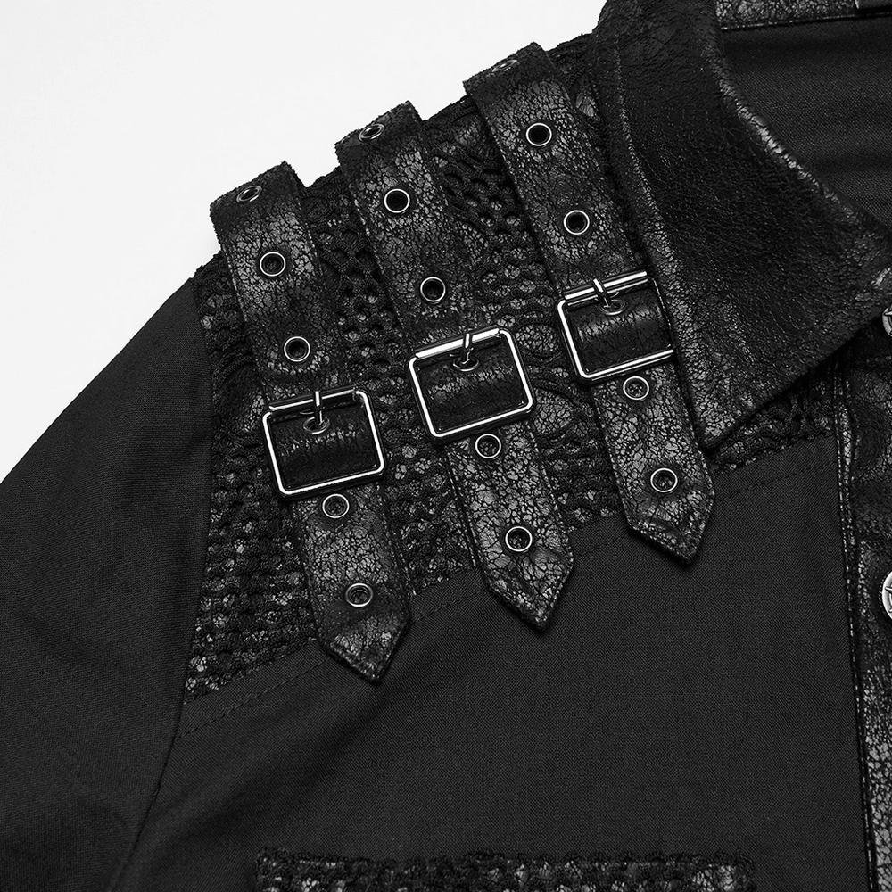 Black Gothic Shirt with Buckle Shoulder and Mesh Detail
