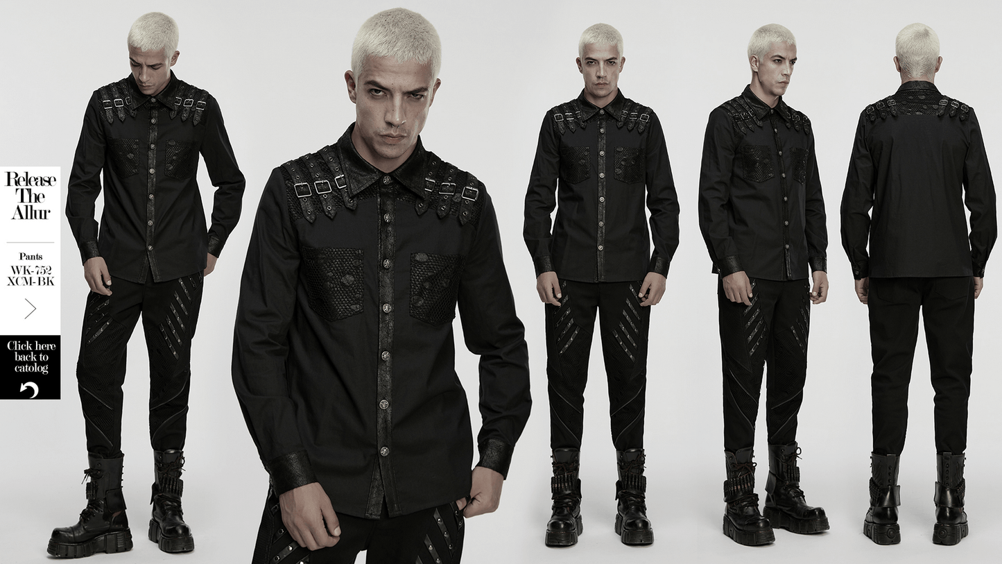 Black Gothic Shirt with Buckle Shoulder and Mesh Detail