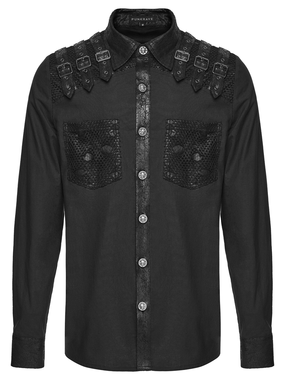 Black Gothic Shirt with Buckle Shoulder and Mesh Detail