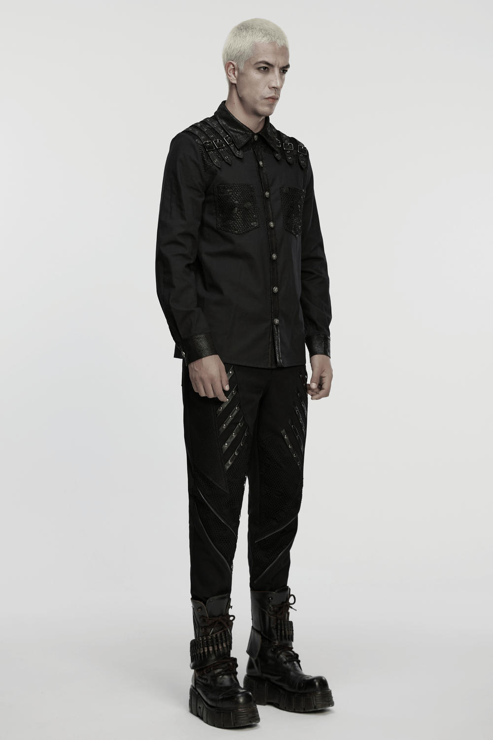 Black Gothic Shirt with Buckle Shoulder and Mesh Detail