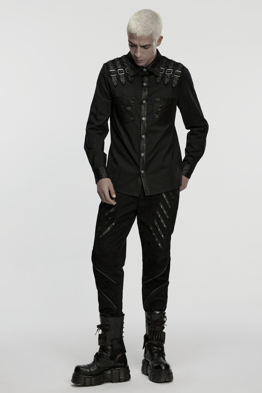 Black Gothic Shirt with Buckle Shoulder and Mesh Detail