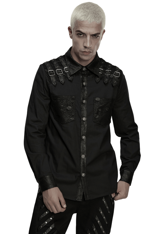 Black Gothic Shirt with Buckle Shoulder and Mesh Detail