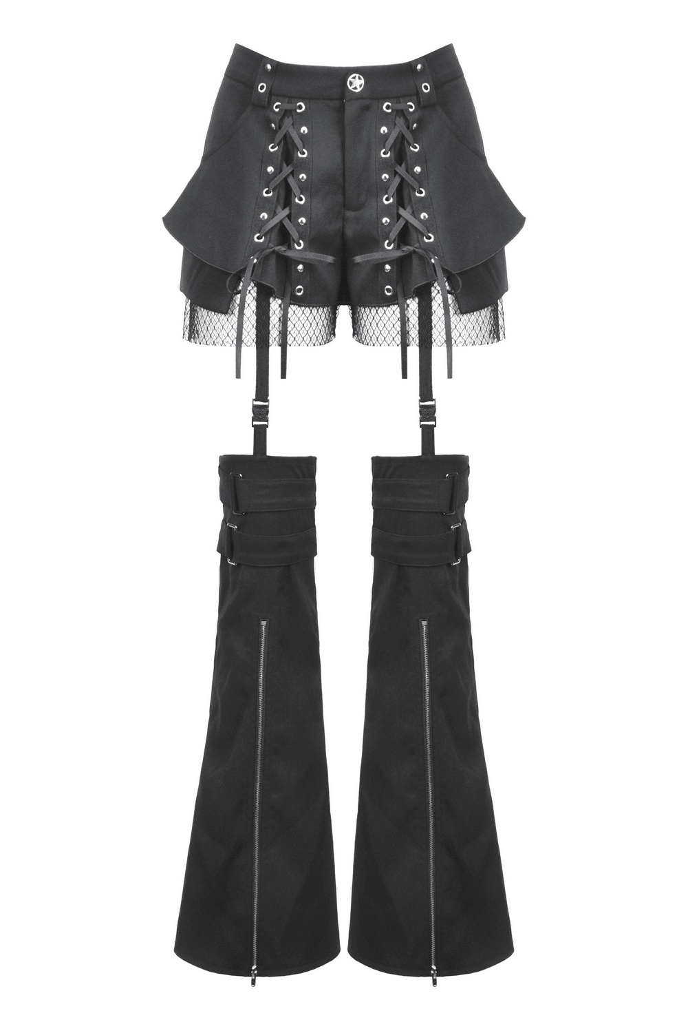 Black Gothic Shorts with Straps and Detachable Flares