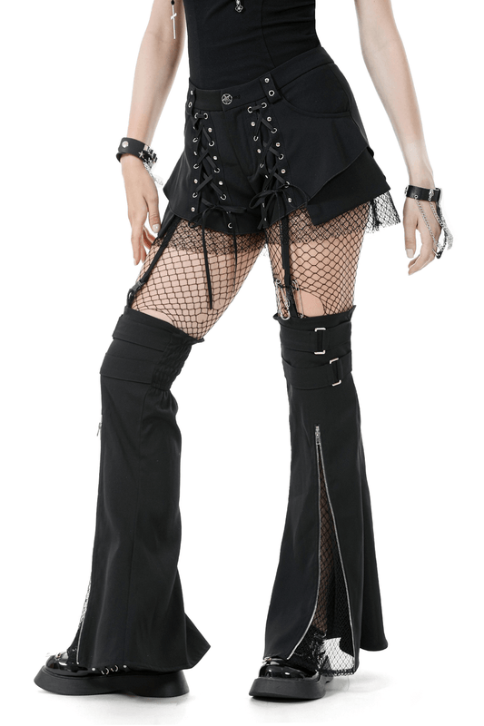 Black Gothic Shorts with Straps and Detachable Flares