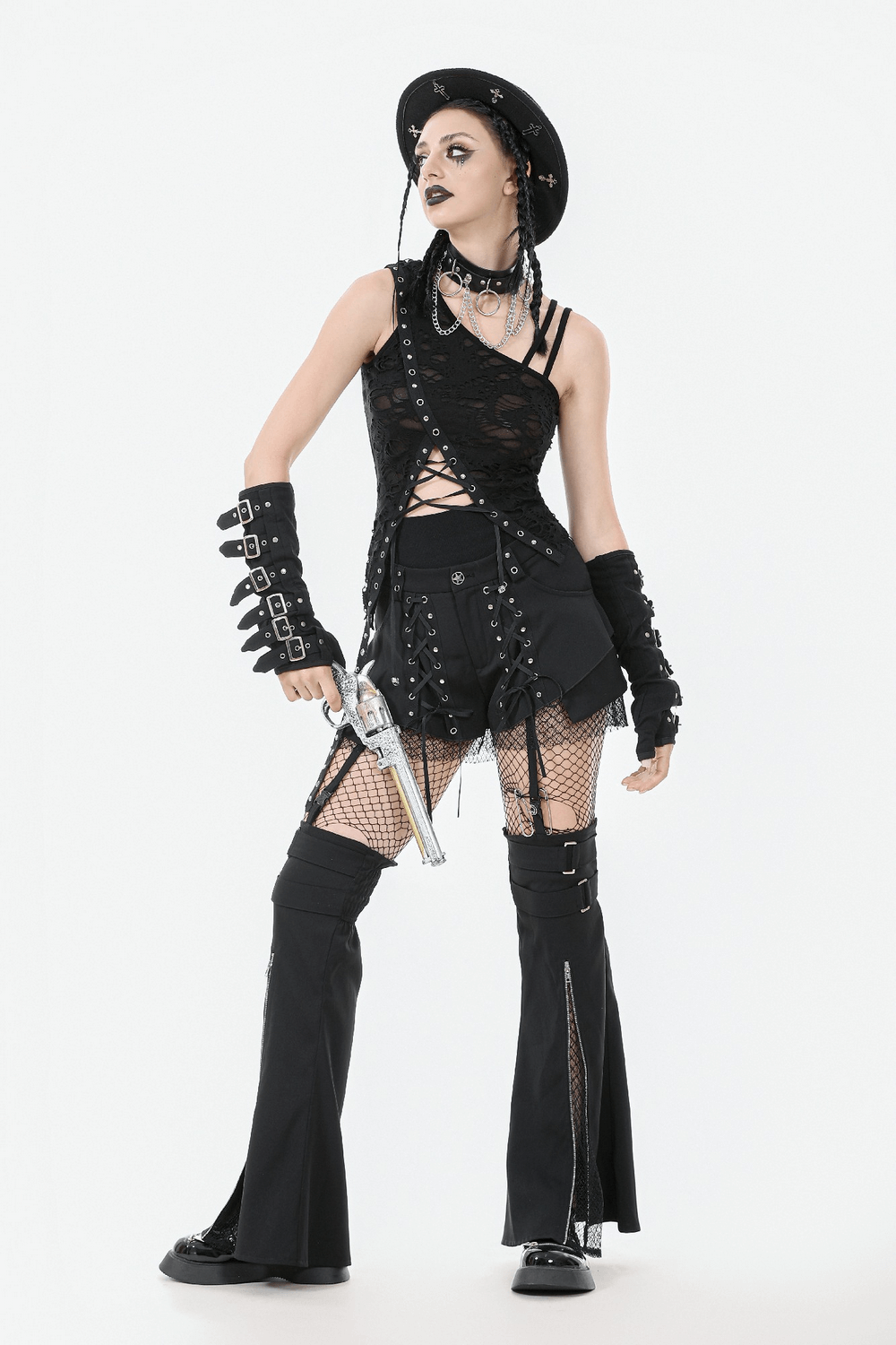 Black Gothic Shorts with Straps and Detachable Flares