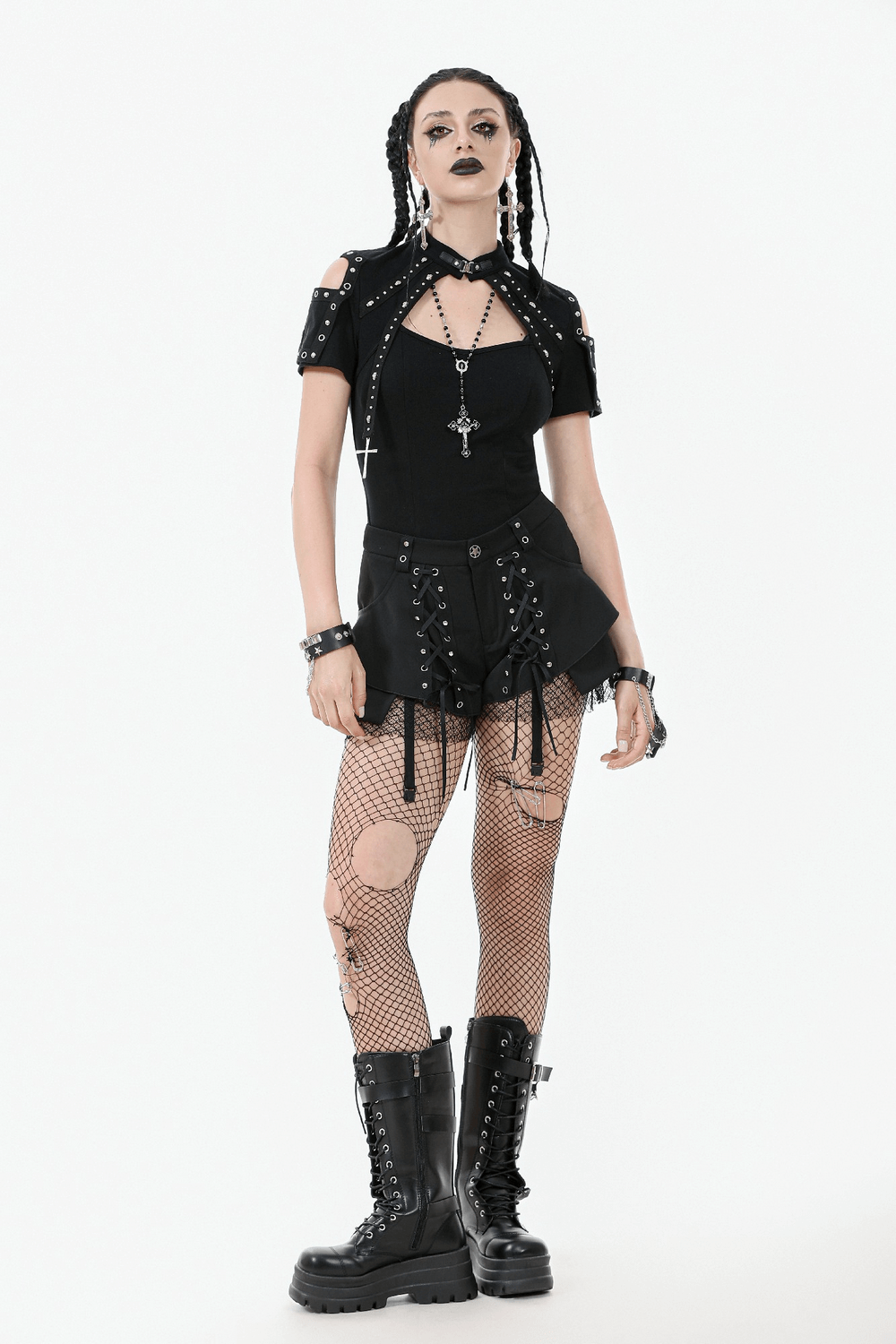 Black Gothic Shorts with Straps and Detachable Flares