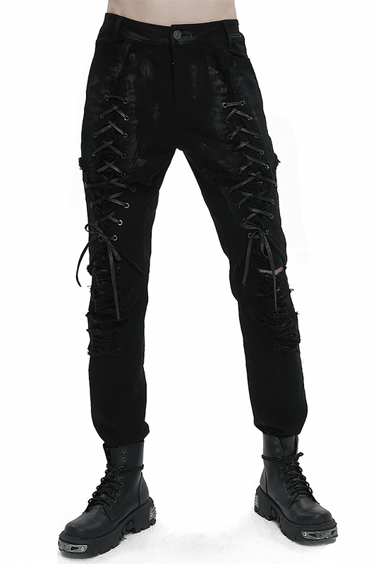 Black Gothic Slim Fitted Pants for Men / Stylish Lace-up on Thigh and Ripped on Knees Trousers