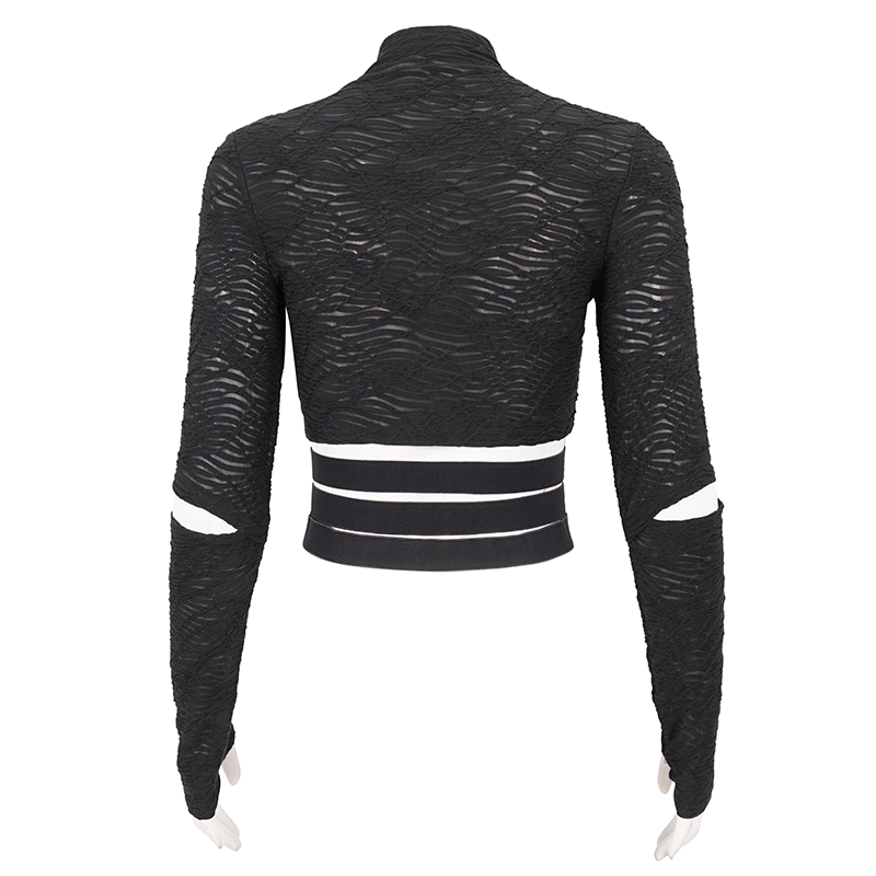Black Gothic Stand Collar Zipper Crop Top / Women's Tops with Split Long Sleeves and Thumb Hole