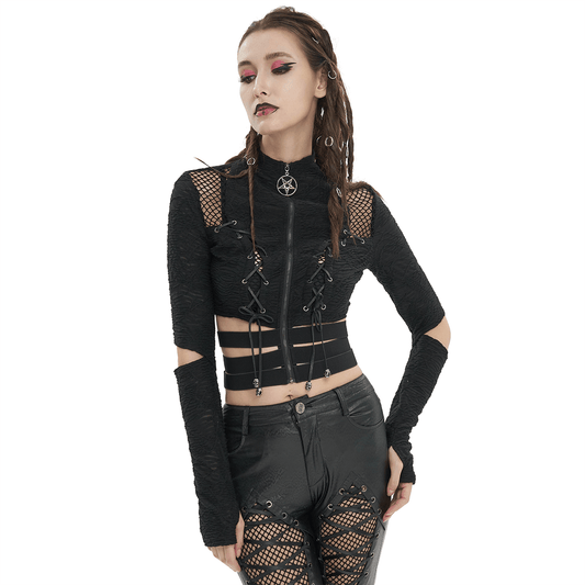 Black Gothic Stand Collar Zipper Crop Top / Women's Tops with Split Long Sleeves and Thumb Hole