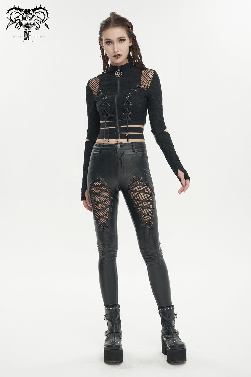 Black Gothic Stand Collar Zipper Crop Top / Women's Tops with Split Long Sleeves and Thumb Hole