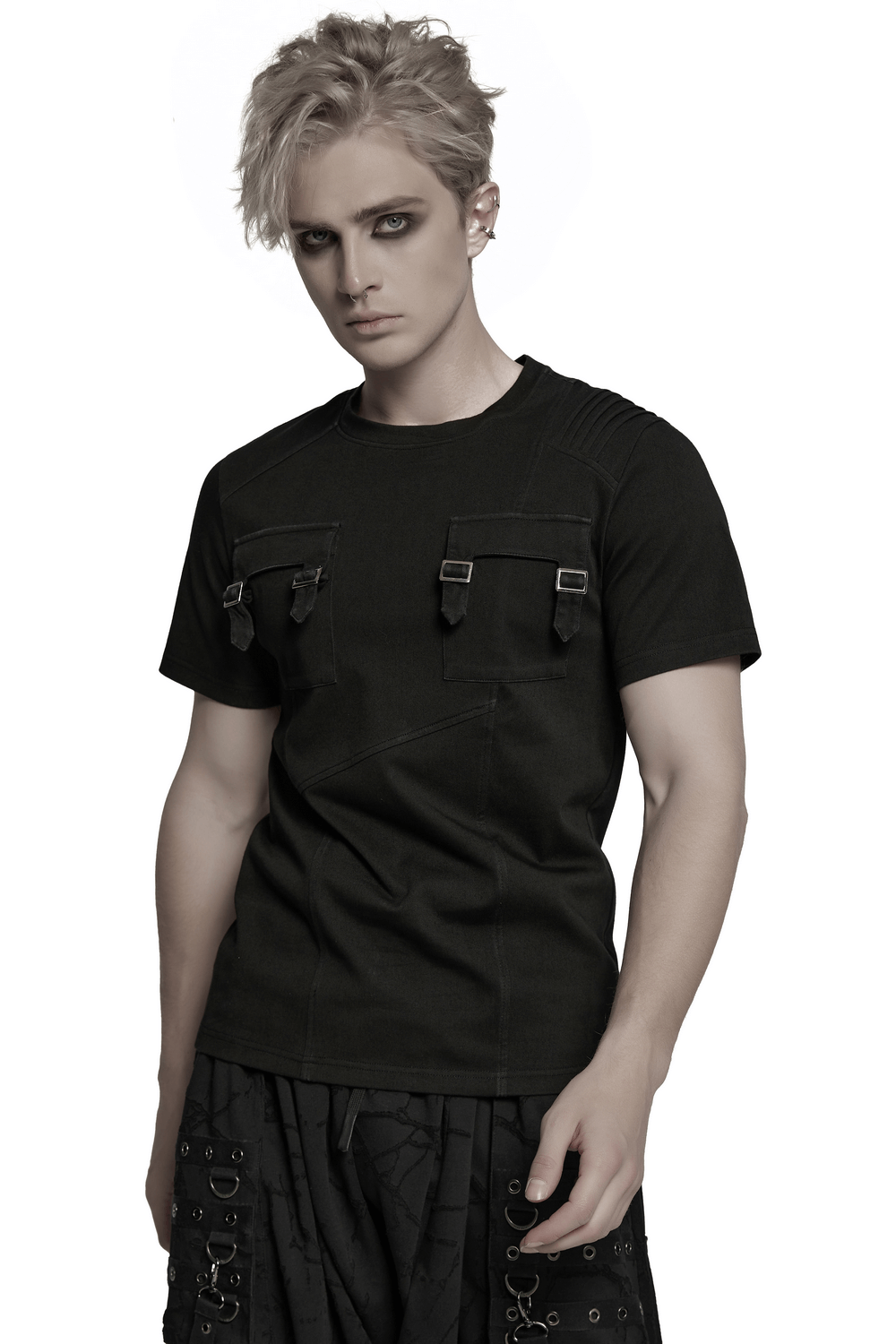 Black Gothic T-shirt with Buckles and Shoulder Detail