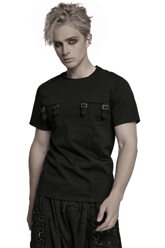 Black Gothic T-shirt with Buckles and Shoulder Detail