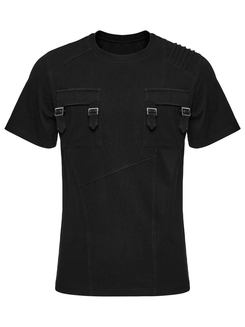 Black Gothic T-shirt with Buckles and Shoulder Detail