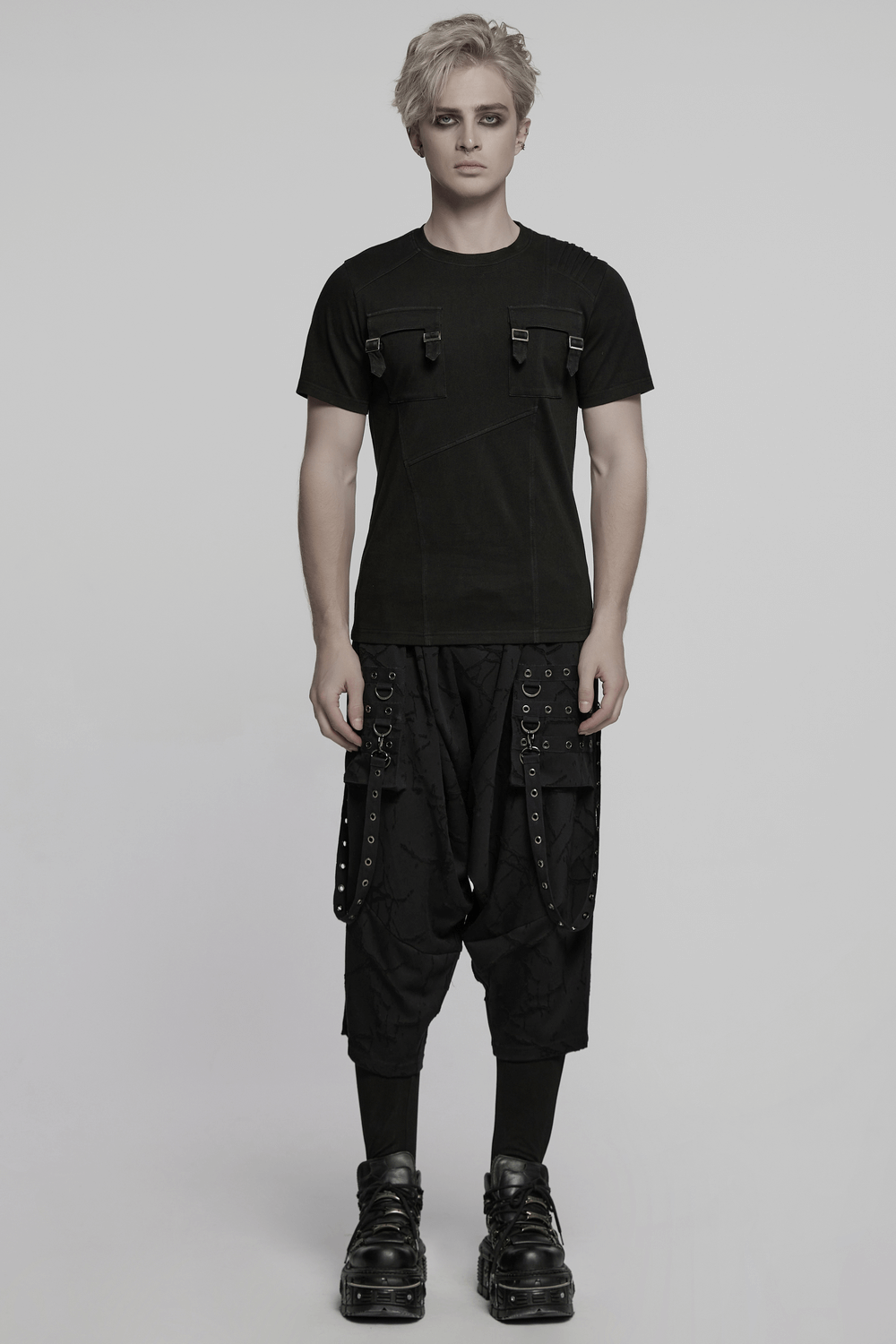 Black Gothic T-shirt with Buckles and Shoulder Detail