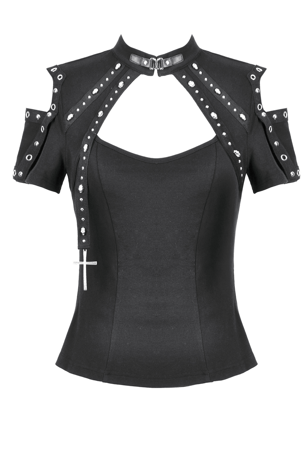Black Gothic Top with Studded Cross and Cut-Out Design