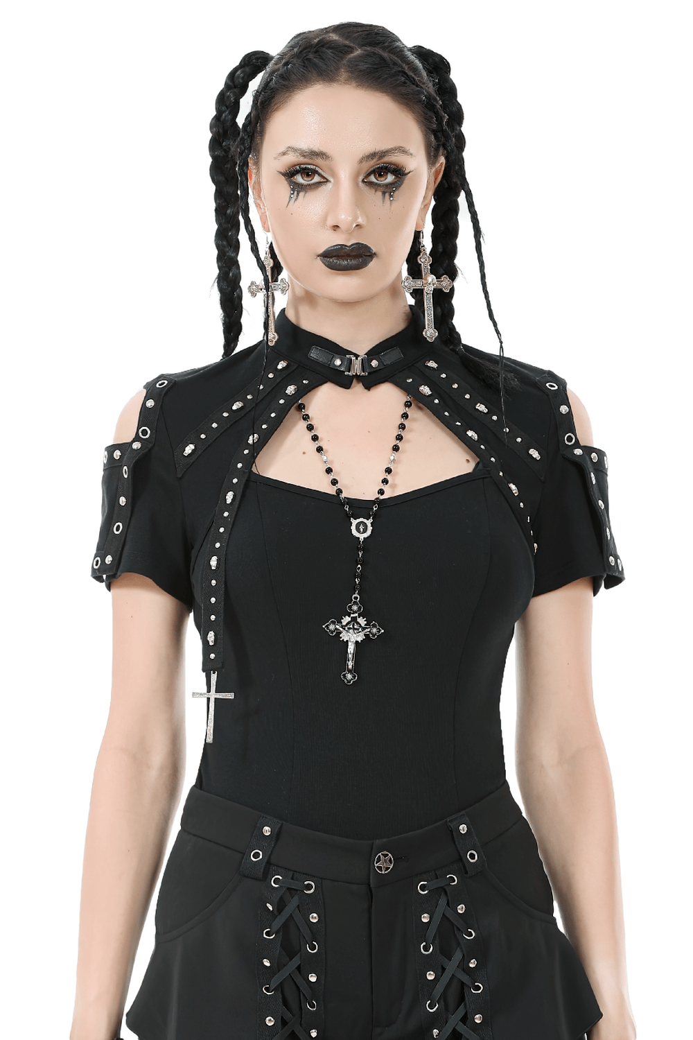 Black Gothic Top with Studded Cross and Cut-Out Design