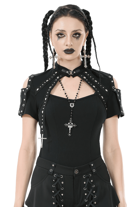 Black Gothic Top with Studded Cross and Cut-Out Design