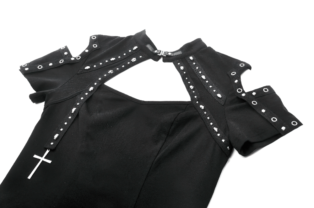 Black Gothic Top with Studded Cross and Cut-Out Design