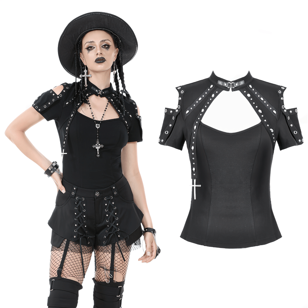 Black Gothic Top with Studded Cross and Cut-Out Design