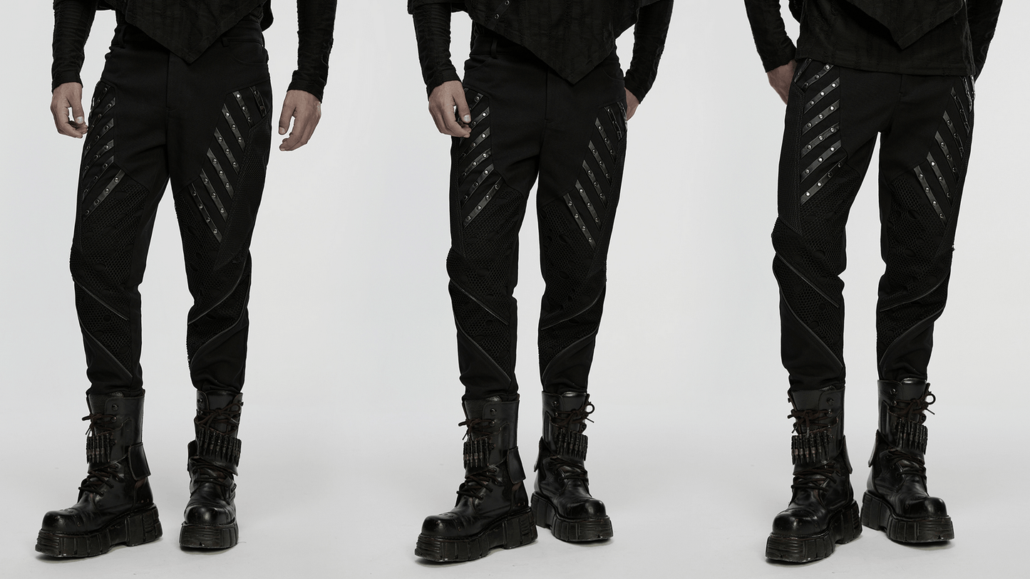 Black Gothic Twill Pants with Mesh and Rivet Detailing