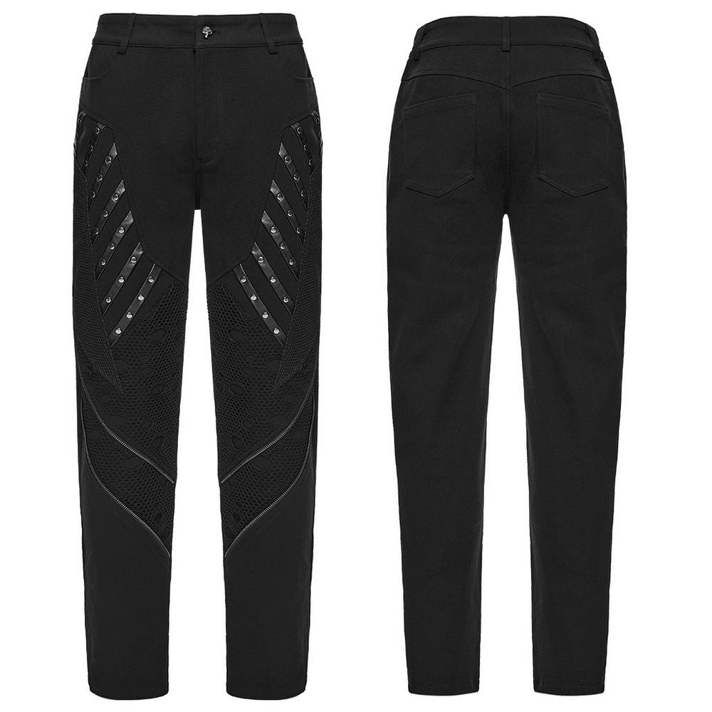 Black Gothic Twill Pants with Mesh and Rivet Detailing