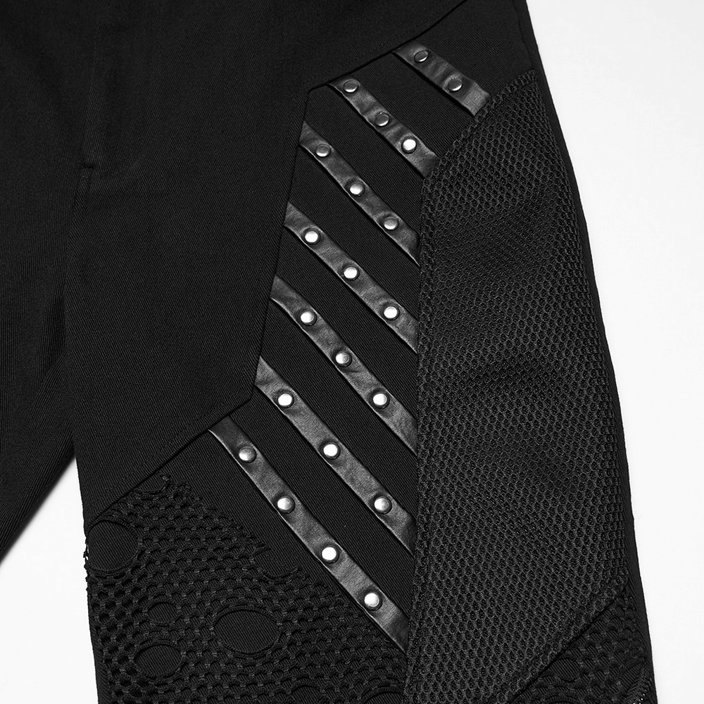 Black Gothic Twill Pants with Mesh and Rivet Detailing