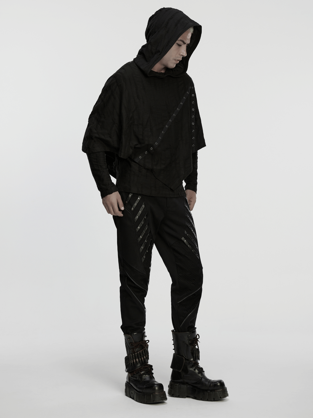 Black Gothic Twill Pants with Mesh and Rivet Detailing