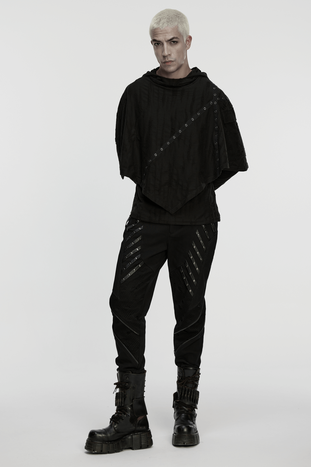 Black Gothic Twill Pants with Mesh and Rivet Detailing