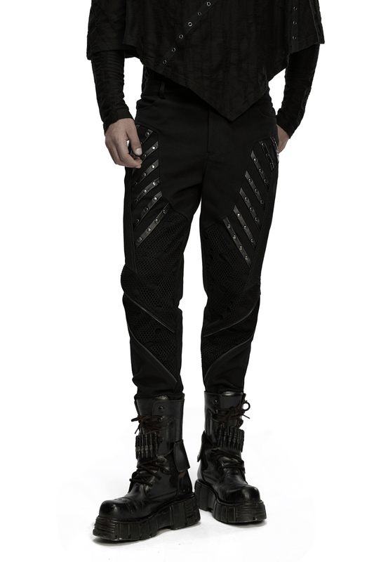 Black Gothic Twill Pants with Mesh and Rivet Detailing