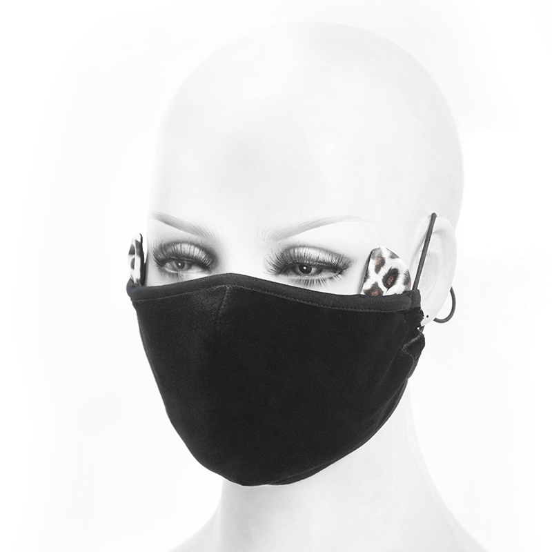 Black Gothic Velvet Face Mask With Leopard Ears / Unisex Everyday Masks With Adjustable Ear Loops