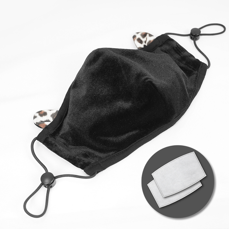 Black Gothic Velvet Face Mask With Leopard Ears / Unisex Everyday Masks With Adjustable Ear Loops