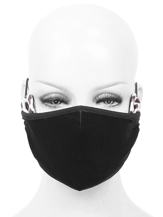 Black Gothic Velvet Face Mask With Leopard Ears / Unisex Everyday Masks With Adjustable Ear Loops
