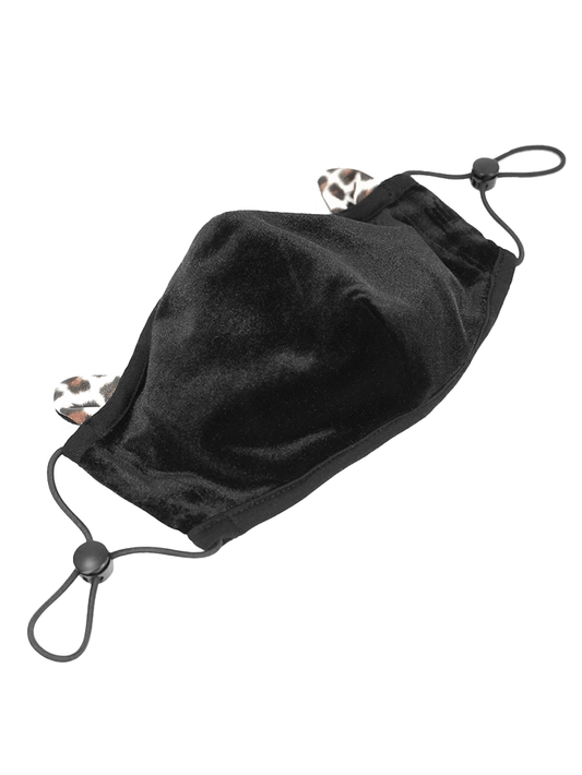Black Gothic Velvet Face Mask With Leopard Ears / Unisex Everyday Masks With Adjustable Ear Loops