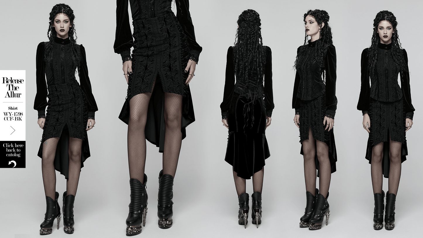 Black Gothic Velvet Rose Lace High-Low Fishtail Skirt