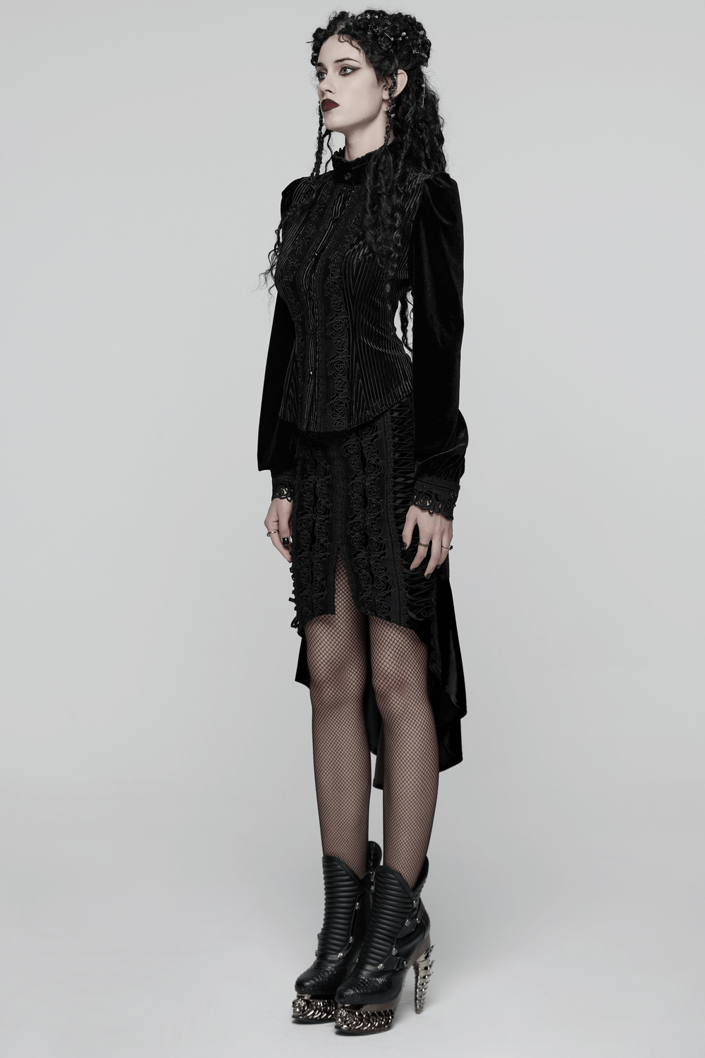 Black Gothic Velvet Rose Lace High-Low Fishtail Skirt