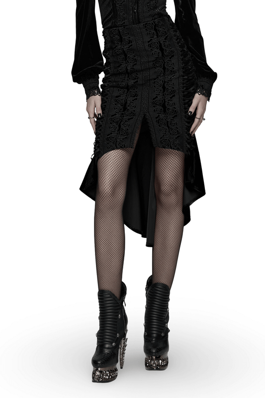 Black Gothic Velvet Rose Lace High-Low Fishtail Skirt