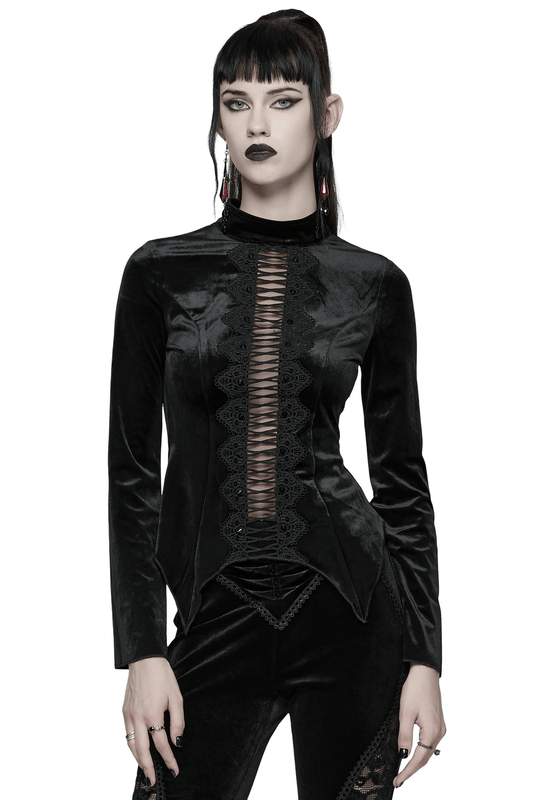 Black Gothic Velvet Top with Lace and Stud Details