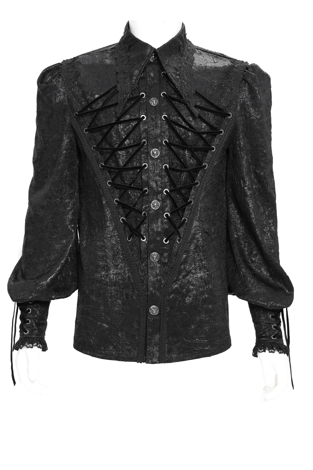 Black Gothic Victorian Lace-Up Shirt with Puff Sleeves