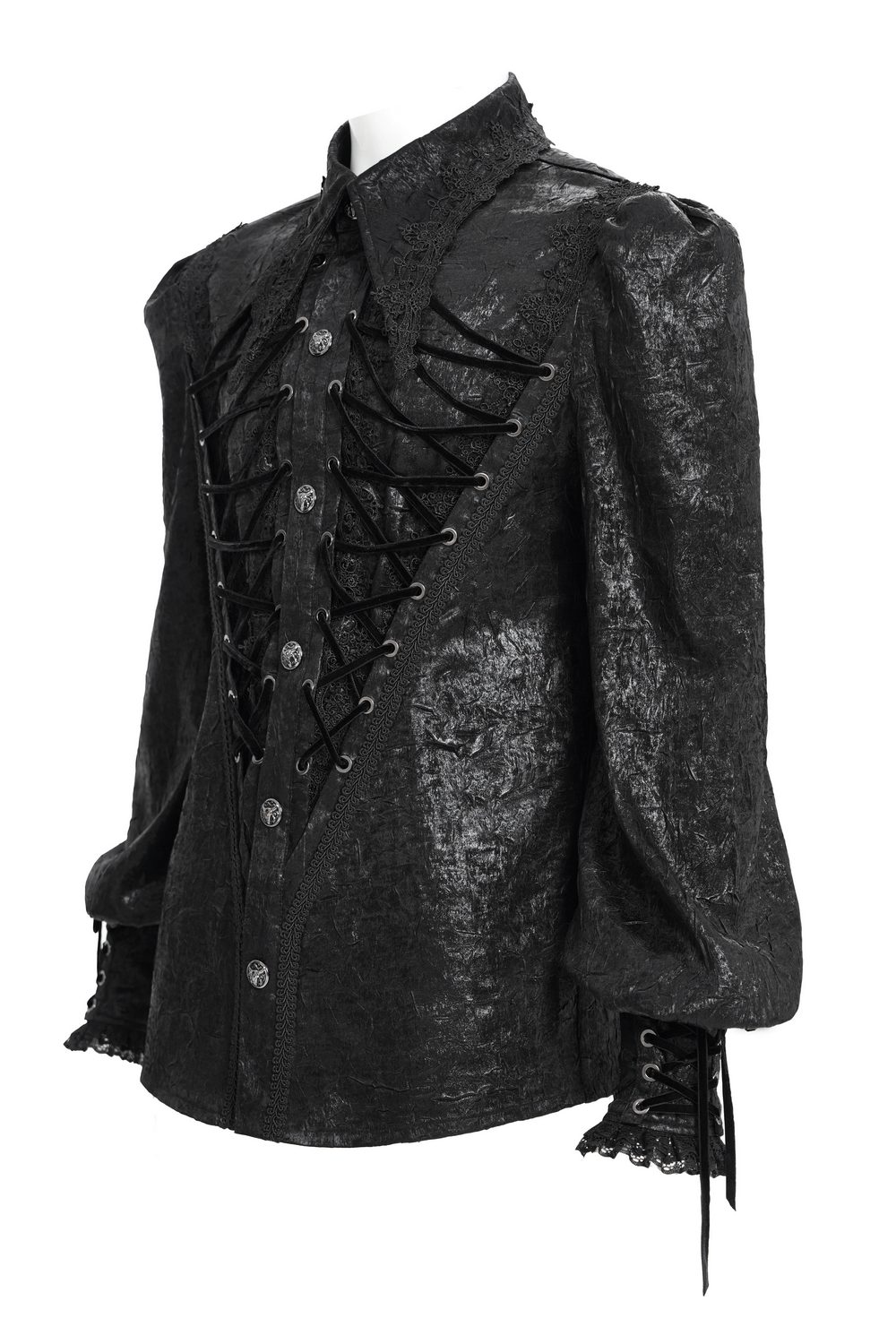 Black Gothic Victorian Lace-Up Shirt with Puff Sleeves