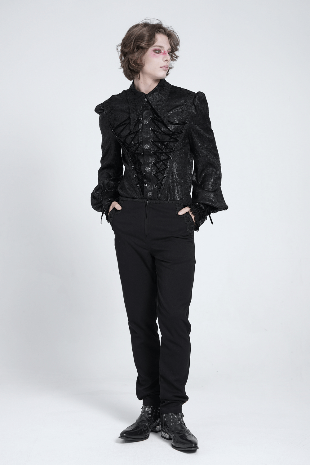 Black Gothic Victorian Lace-Up Shirt with Puff Sleeves