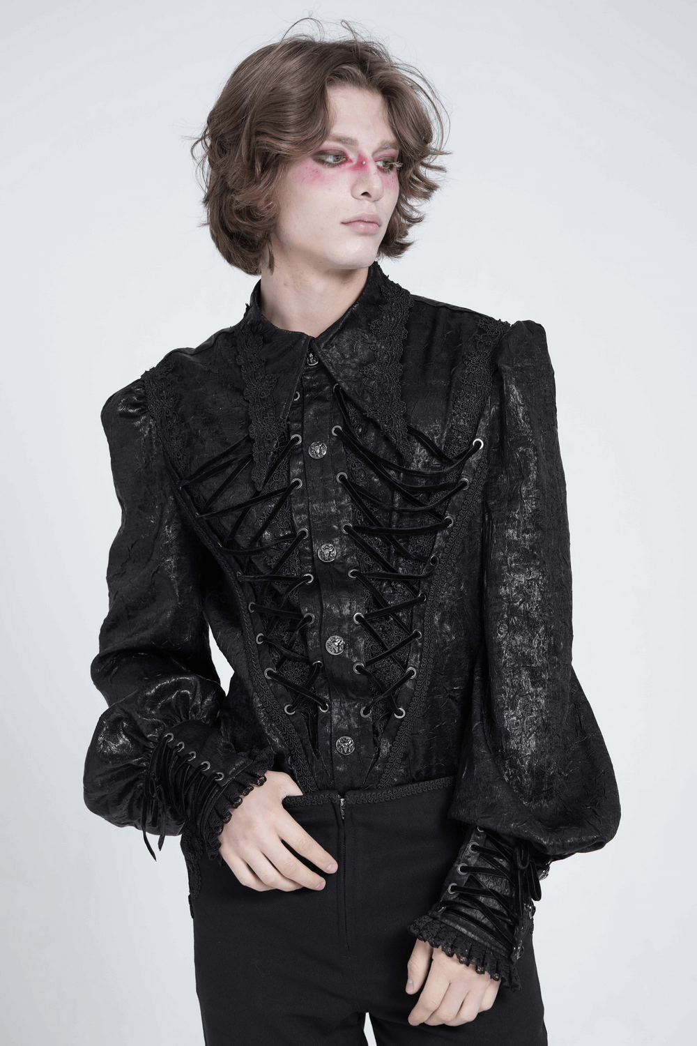 Black Gothic Victorian Lace-Up Shirt with Puff Sleeves