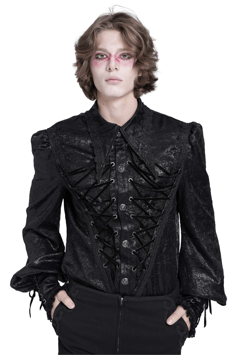 Black Gothic Victorian Lace-Up Shirt with Puff Sleeves