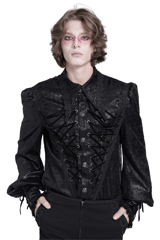 Black Gothic Victorian Lace-Up Shirt with Puff Sleeves