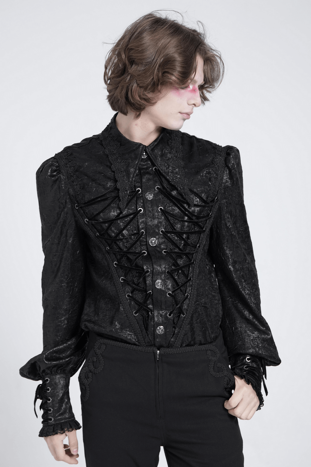 Black Gothic Victorian Lace-Up Shirt with Puff Sleeves