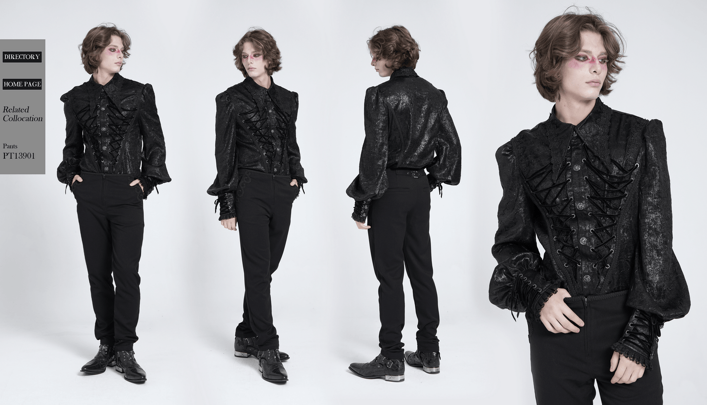 Black Gothic Victorian Lace-Up Shirt with Puff Sleeves