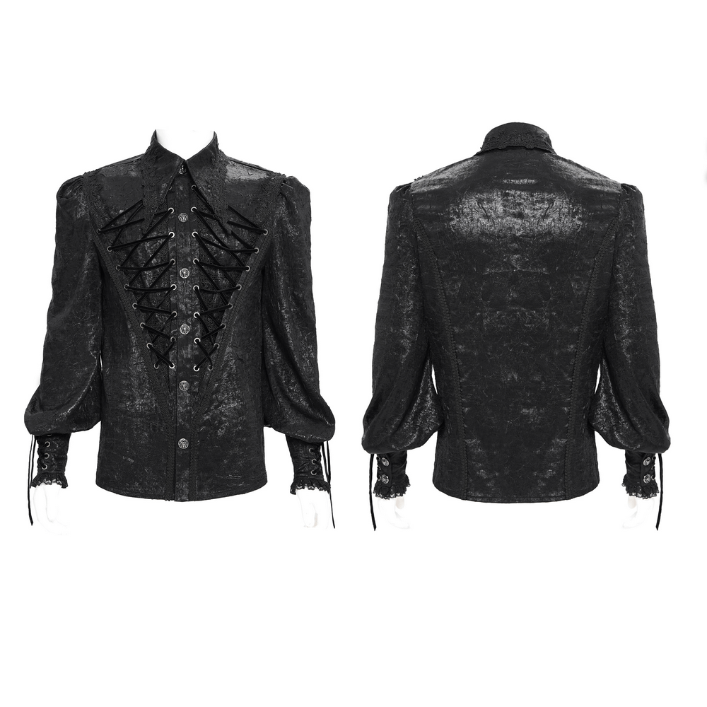 Black Gothic Victorian Lace-Up Shirt with Puff Sleeves