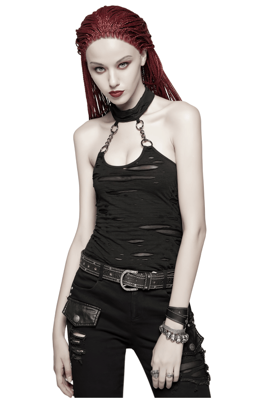 Black Halter Crop Camisole with Chain Neck Detail