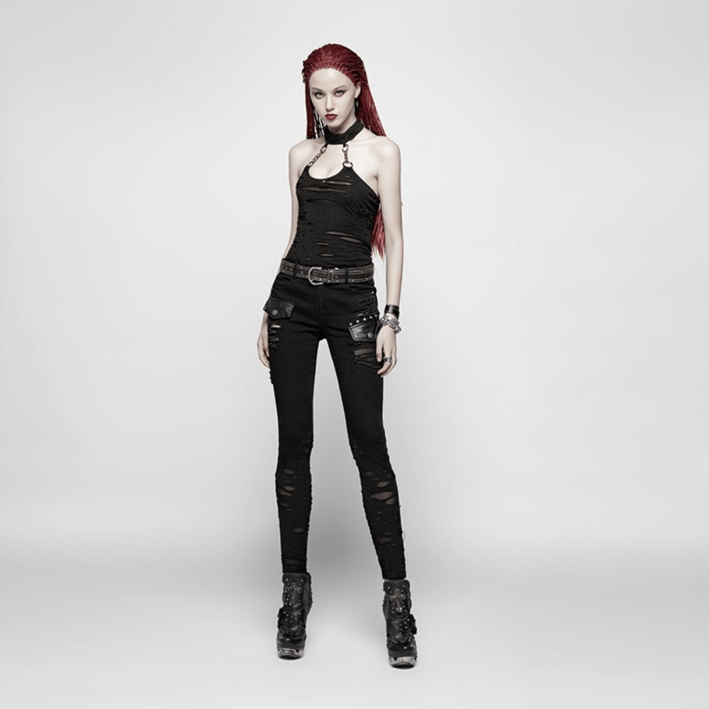 Black Halter Crop Camisole with Chain Neck Detail