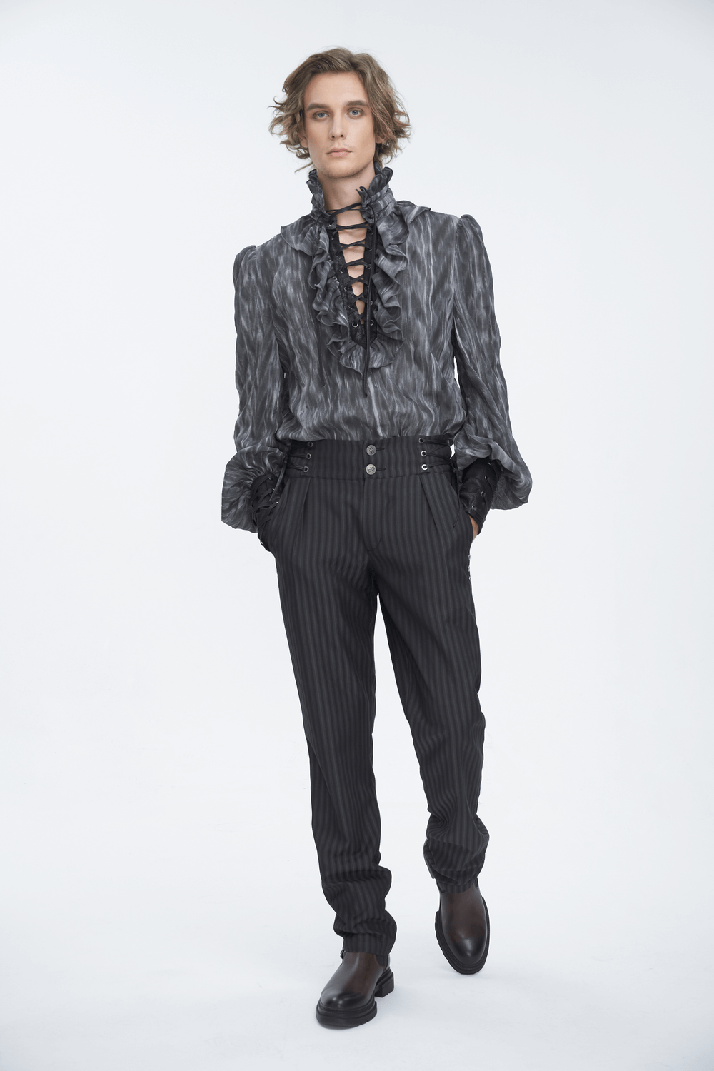 Black High-Waisted Lace-Up Side Striped Trousers