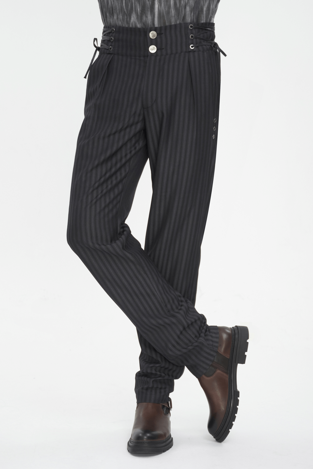 Black High-Waisted Lace-Up Side Striped Trousers